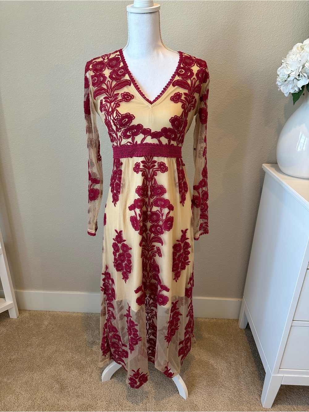 Chicwish Burgundy Floral Embroidered Cream Sheer Maxi Dress